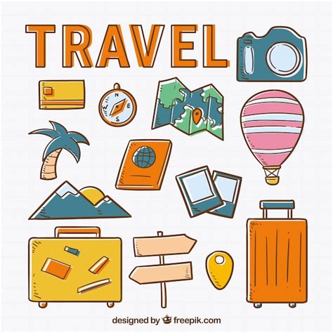 Free Vector Set Of Travel Elements In Hand Drawn Style