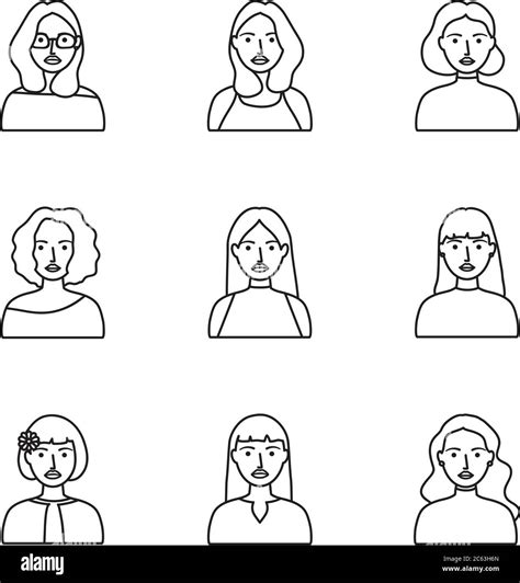 Avatar Women Icon Set Over White Background Line Style Vector