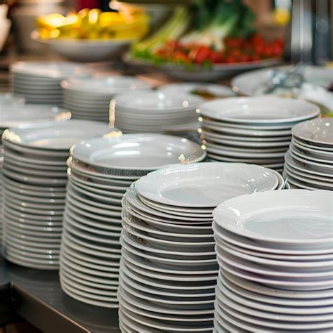 Stacks Of Clean Plates At Hotel Breakfast Buffet White Plates Stock