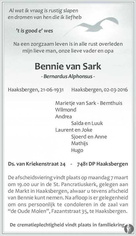 Bernardus Alphonsus Bennie Van Sark 02 03 2016 Overlijdensbericht En