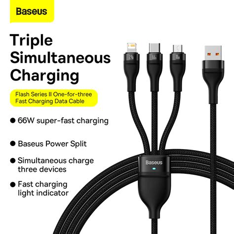 Baseus Flash Series Ⅱ Three In One Fast Charging Data Cable Usb To Micro Type C Lightning 66w 1