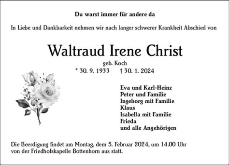 Traueranzeigen Von Waltraud Irene Christ Vrm Trauer De