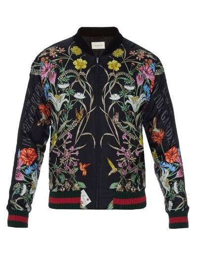 Gucci Floral Print Embroidered Silk Bomber Jacket In Black Modesens