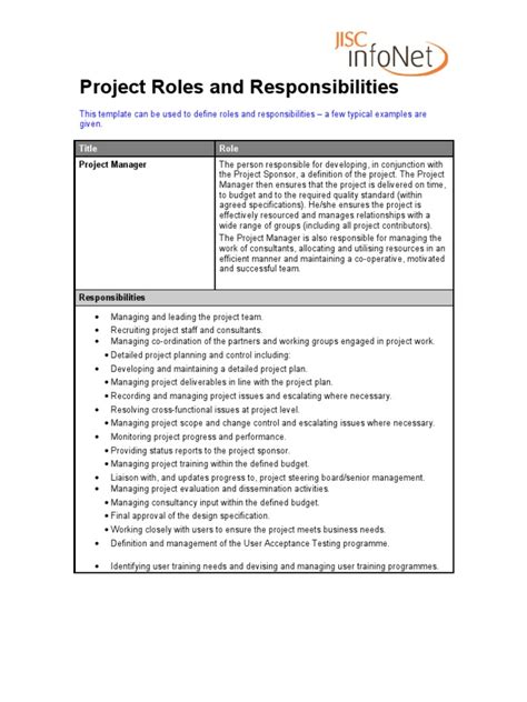 Roles and Responsibilities Template | Project Manager | Documentation