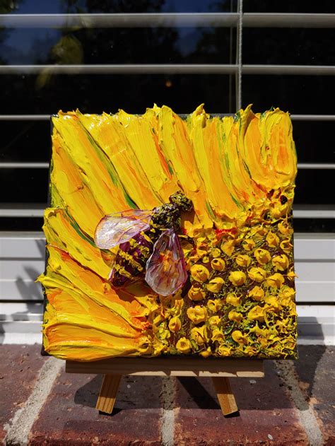 Bee Decor Bee on Sunflower Sculptured Painting Bold Textured - Etsy