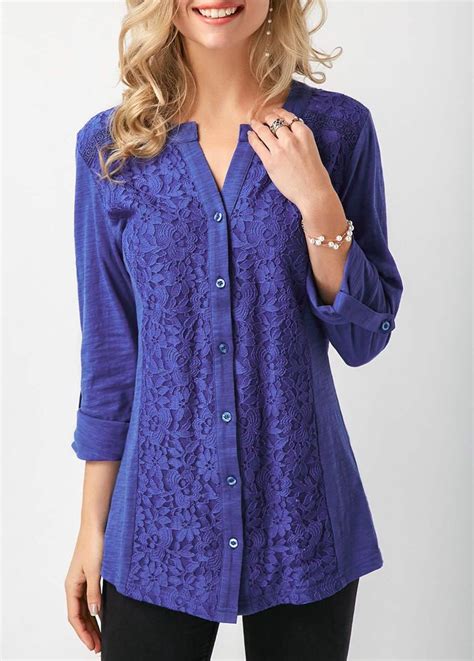 Button Up Lace Panel Roll Tab Sleeve Blouse Usd 30 49