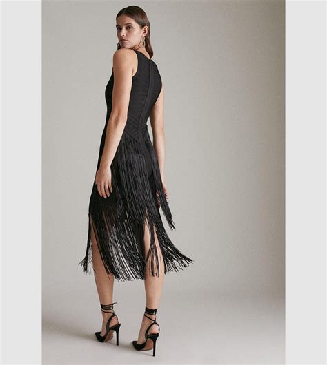 Buy Karen Millen Bandage Knit Fringe Tiered Midi Dress In Black