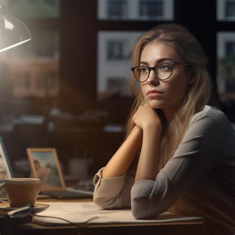 Premium AI Image A Woman Sits At A Desk With A Laptop And A Lamp