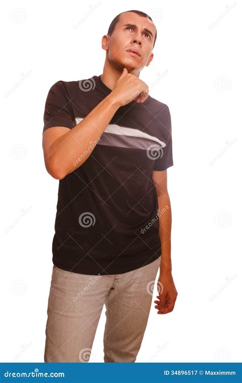 Man Thinks Brunette Looking Up Holding Hand Over Stock Image Image Of
