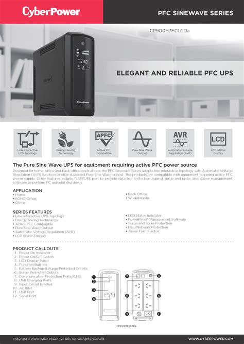 Cyberpower Pfc Sinewave Series 900va 540w 10a Tower Ups With Lcd And 6 Au Outlets