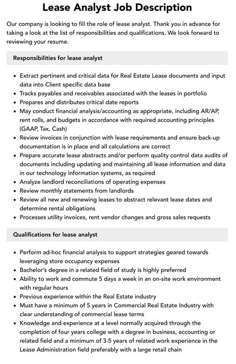 Lease Analyst Job Description Velvet Jobs