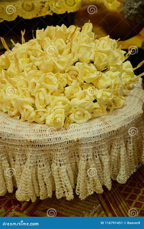 Closeup White And Yellow Sandalwood Flowers For A Funeral Ceremo Stock