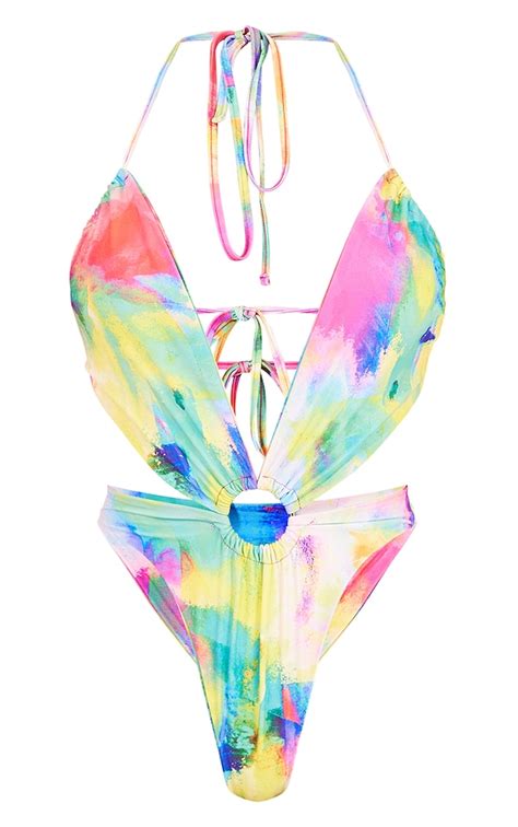 Multi Bright Watercolour O Ring Cut Out Swimsuit Prettylittlething Usa