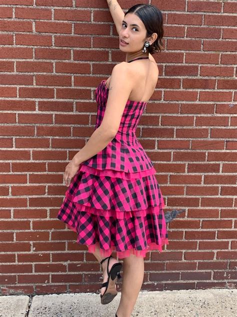 Betsey Johnson Hot Pink Black Check Bustier Tiered Gem