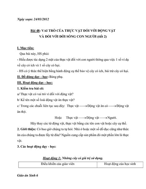 Giáo án Sinh học 6 Bài 48 Vai trò của thực vật đối với động vật và đối