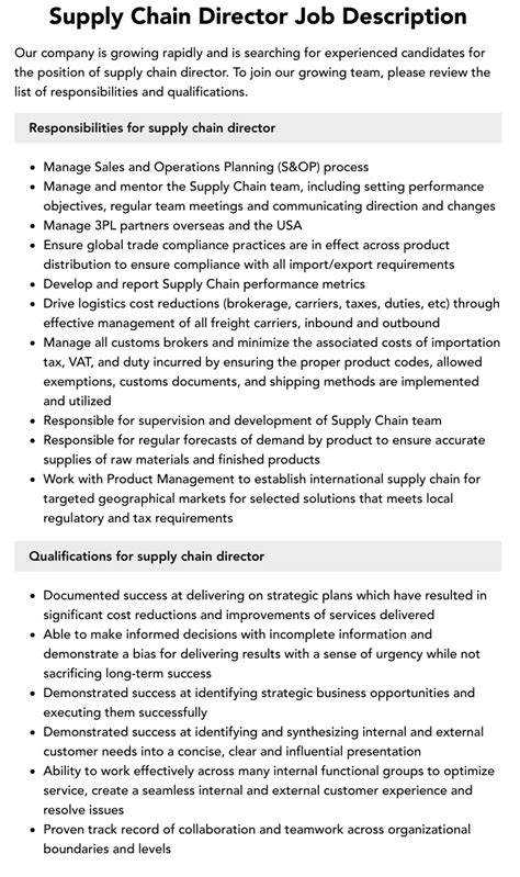 Supply Chain Director Job Description Velvet Jobs