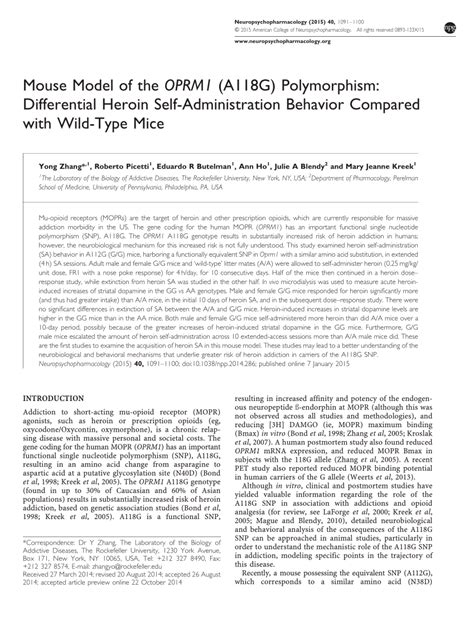 Pdf Mouse Model Of The Oprm1 A118g Polymorphism Differential