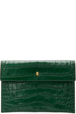 Alexander McQueen Green Croc Envelope Skull Pouch SSENSE Canada