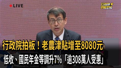 行政院拍板！老農津貼增至8080元 低收、國民年金等調升7％「逾308萬人受惠」－民視新聞 Youtube