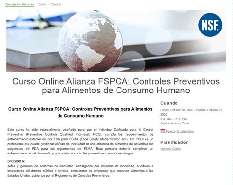 Curso Online Alianza FSPCA Controles Preventivos Para Alimentos De