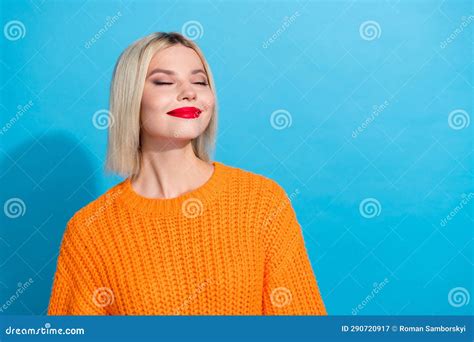 Portrait Of Optimistic Cheerful Nice Girl With Blond Hairdo Wear Knit