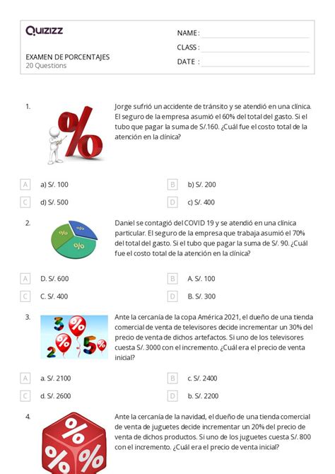 50 Problemas De Porcentaje Hojas De Trabajo Para Grado 1 En Quizizz