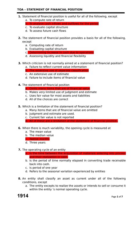 Statement Of Financial Position In Theory Of Accounts Toa Statement