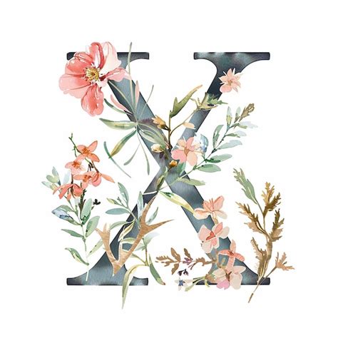 Floral Watercolor Letter X Isolated On White Background Premium Ai