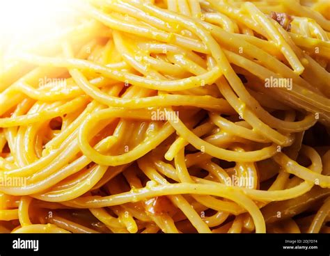 Close Up View Of Spaghetti With Carbonara Sauce Typical Roman Recipe