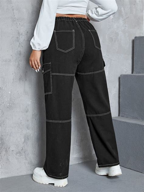 Jeans Cargo De Talle Alto Con Puntada Con Bolsillo Con Solapa Moda De