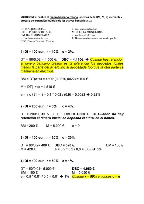 Solucion Ejercicios Creacion Dinero Parte Soluciones Cu L