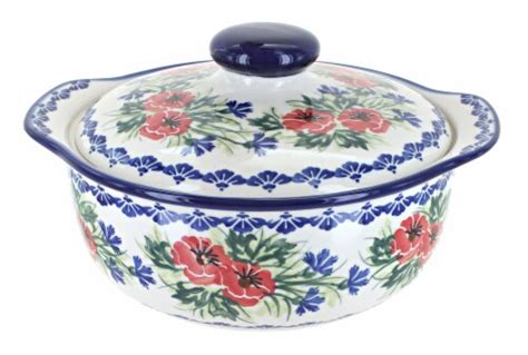 Blue Rose Polish Pottery Cherry Red Bouquet Round Covered Baker 1 Kroger