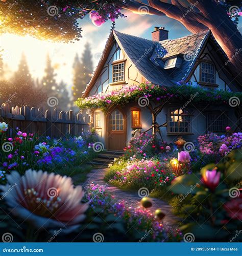 Fantasy Landscape of a Cottage in the Village. Digital Painting Stock Illustration ...