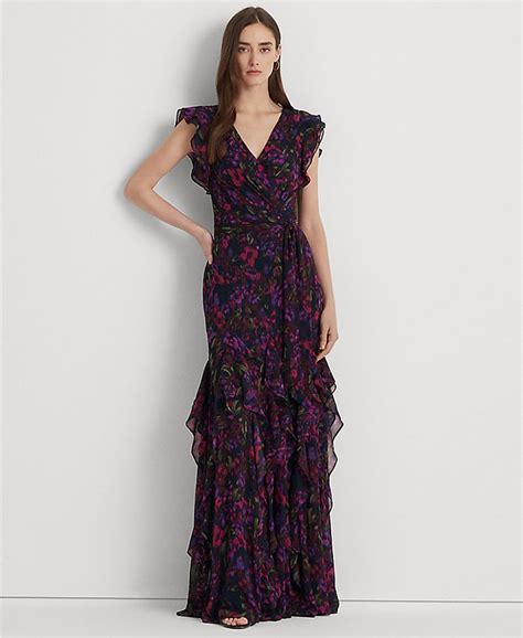 Lauren Ralph Lauren Womens Floral Ruffle Trim Georgette Gown Macys