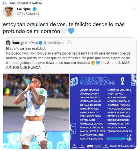 El Mensaje De Tini Stoessel A Rodrigo De Paul Por La Convocatoria Al