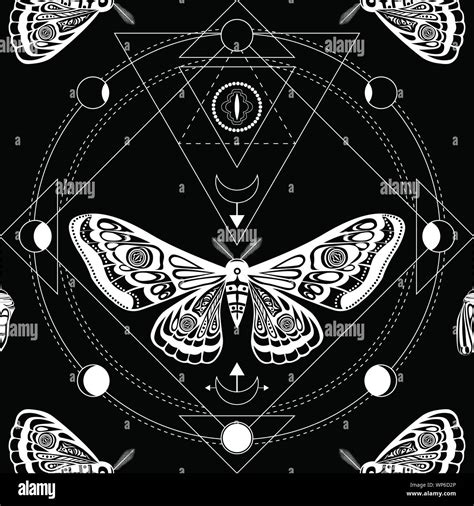 Night Moth Sacred Geometry Esoteric Symbols Black And White Vector