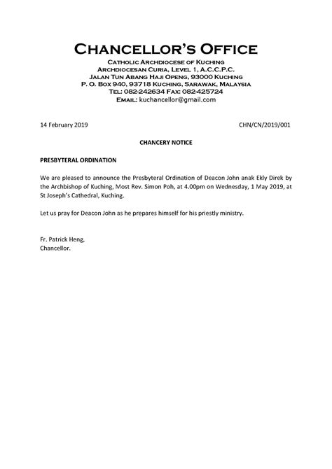 The Roman Catholic Archdiocese Of Kuching Chancery Notice