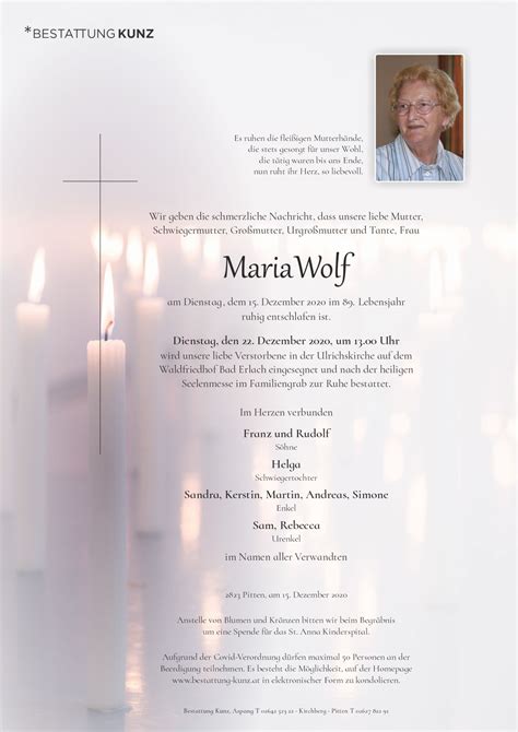 Maria Wolf 88 Bestattung Kunz Pitten und Aspang NÖ