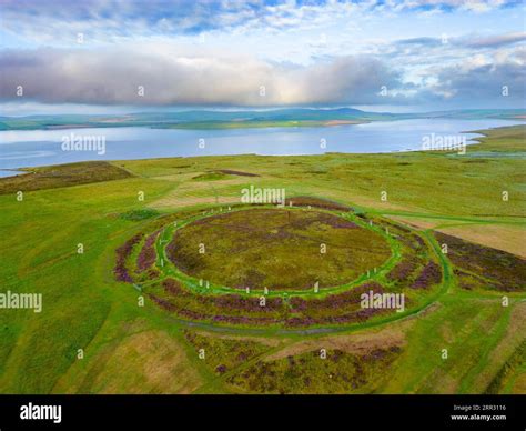 Aerial view of Ring of Brodgar neolithic henge and stone circle at West ...