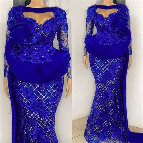 Aso Ebi African Royal Blue Lace Evening Dresses Long Sleeve Sweep Train