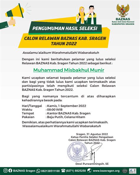 PENGUMUMAN HASIL SELEKSI CALON RELAWAN BAZNAS KABUPATEN SRAGEN TAHUN