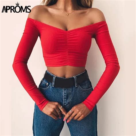 Buy Aproms Elegant Red Off Shoulder Long Sleeve Ribbed T Shirt Women Sexy