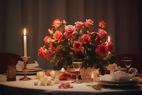 Mesa De Jantar Luz De Velas Rosas Como Pe As Centrais Foto Premium