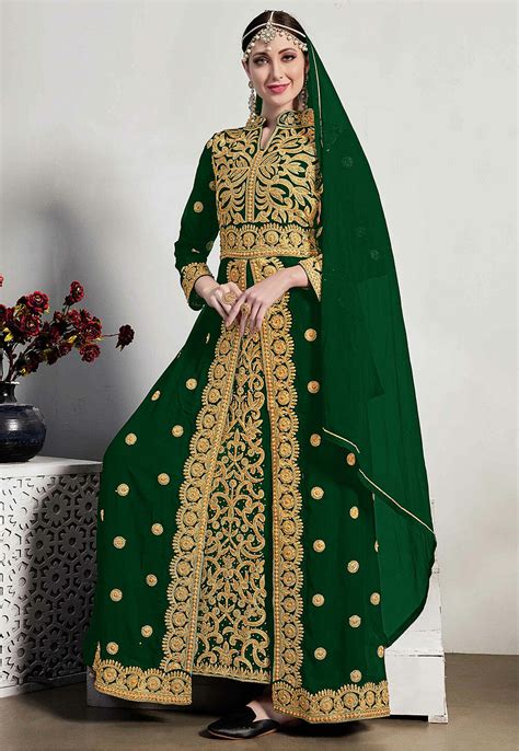 Buy Embroidered Front Slit Georgette Abaya Style Suit In Dark Green