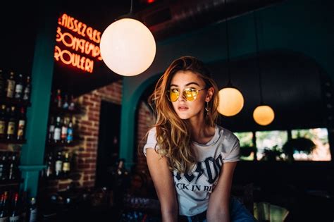 women sunglasses André Josselin blonde long hair looking at viewer model wavy hair HD