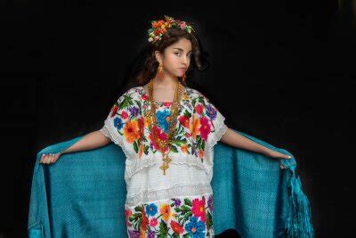Niña latina mexicana con traje folklorico en color rosa y fondo wandsticker stieg lange