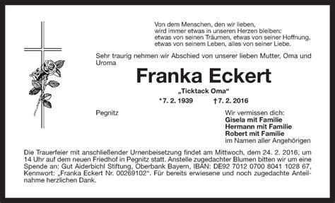 Traueranzeigen Von Franka Eckert Nordbayerischer Kurier