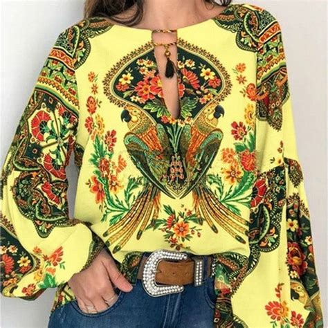 Boho Blouse Floral Print Long Sleeve O Neck Bohemia Loose Women Tops