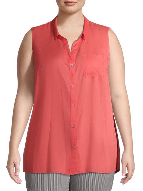 Terra And Sky Womens Plus Size Sleeveless Camp Shirt