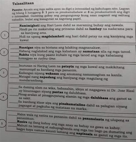 Talasalitaan Panuto Ayusin Ang Mga Salita Ayon Sa Digri O Intensidad